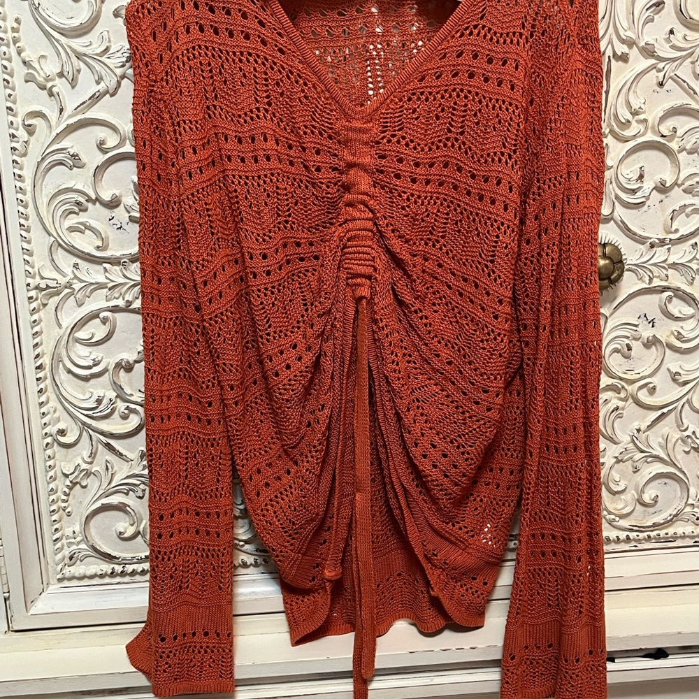 Women's Orange Knit Top Sweater Bell Sleeves